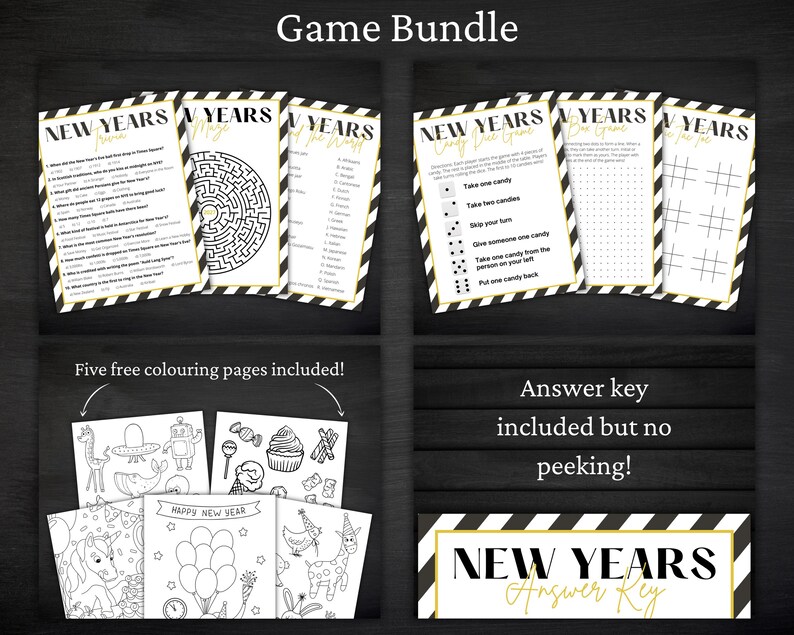 May include: A New Year's game bundle featuring printable activity sheets with black and white striped borders. Includes trivia, a maze, word games, a candy dice game, tic-tac-toe, five colouring pages, and an answer key with the text New Years.