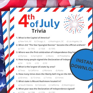 Fourth of July Trivia | Printable Fourth of July Game | Independence Day Activity For Kids and Adults | Fourth of July Party Game