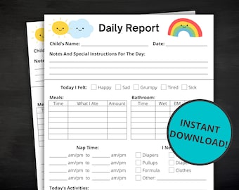 Toddler Daily Report | Daily Log For Daycare, Preschool, Nanny, Babysitter, Childcare Centre, Home Daycare | Infant Report | Daycare Reports