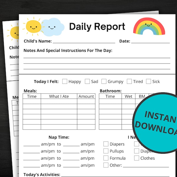 Toddler Daily Report | Daily Log For Daycare, Preschool, Nanny, Babysitter, Childcare Centre, Home Daycare | Infant Report | Daycare Reports