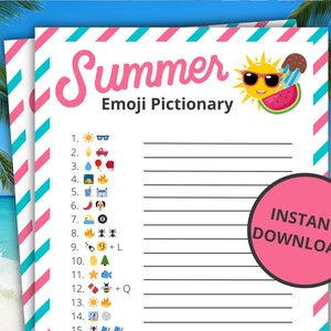 Sommer Emoji Pictionary | Druckbares Sommerspiel | Sommeraktivität für Kinder und Erwachsene | Sommerurlaub | Familienaktivitäten für die Sommerferien