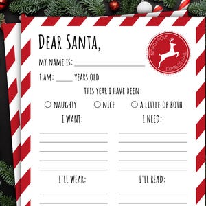 Brief an den Weihnachtsmann | Weihnachtswunschliste | Weihnachten Printable für Kinder | Wollen Brauchen Tragen Lesen | Rot und Weiß gestreift