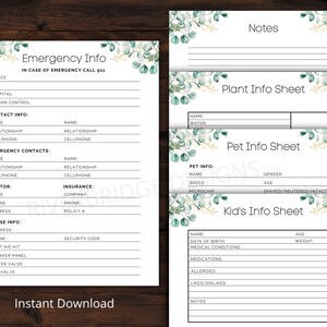 Emergency Contact Info Sheet | Babysitter, Pet Sitter, Plant Sitter, House Sitter Information Sheet | Instant Download | 8.5 x 11 | Green