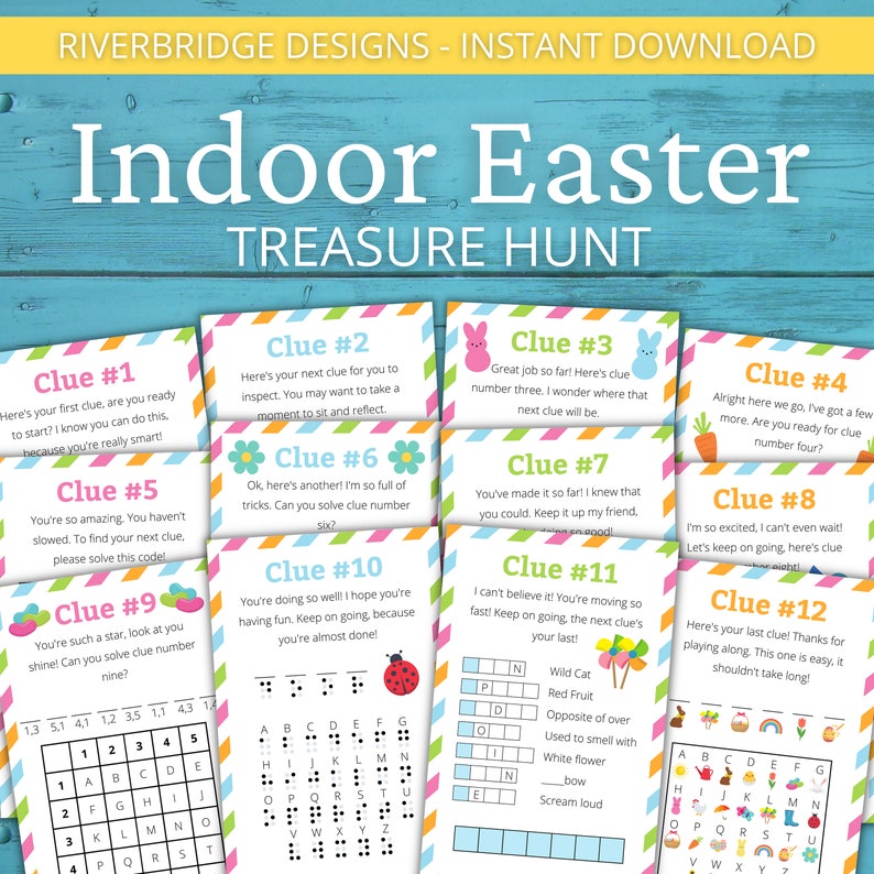 May include: A set of 12 colorful printable cards for an indoor Easter treasure hunt. Each card has a clue number and a riddle to solve. The cards feature Easter-themed illustrations like bunnies, eggs, and carrots.