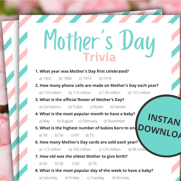 Mother's Day Trivia | Printable Mother's Day Games For Kids and Adults | Party Games and Activities | Family Games | Classroom Games