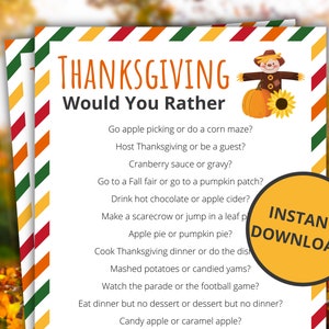 Thanksgiving Would You Rather | Printable Thanksgiving Game | Thanksgiving Activity For Kids and Adults | Classroom Game - Scarecrow