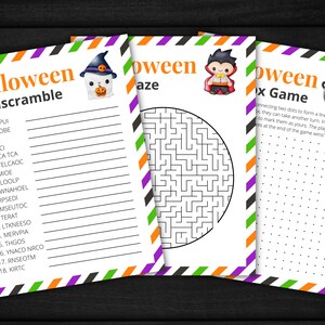 Puede incluir: Tres tarjetas de juego de Halloween imprimibles con rayas naranjas, verdes y moradas. La primera tarjeta tiene el t&iacute;tulo "Halloween Unscramble" y enumera 18 palabras para descifrar. La segunda tarjeta tiene el t&iacute;tulo "Halloween Maze" y presenta un laberinto circular. La tercera tarjeta tiene el t&iacute;tulo "Halloween Dot to Dot Game" y presenta una cuadr&iacute;cula de puntos.