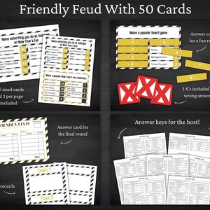 May include: A Friendly Feud game set with 50 cards, including question cards with point values, yellow answer covers, red X strike cards, scorecards for teams, and answer keys for the host, all featuring black and white striped borders.