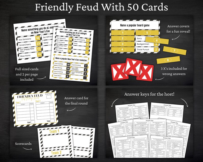 May include: A Friendly Feud game set with 50 cards, including question cards with point values, yellow answer covers, red X strike cards, scorecards for teams, and answer keys for the host, all featuring black and white striped borders.