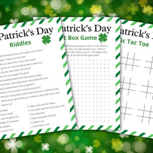 May include: Three printable St. Patrick's Day game cards. The first card has a list of riddles about leprechauns and shamrocks. The second card is a connect-the-dots game. The third card is a tic-tac-toe game.