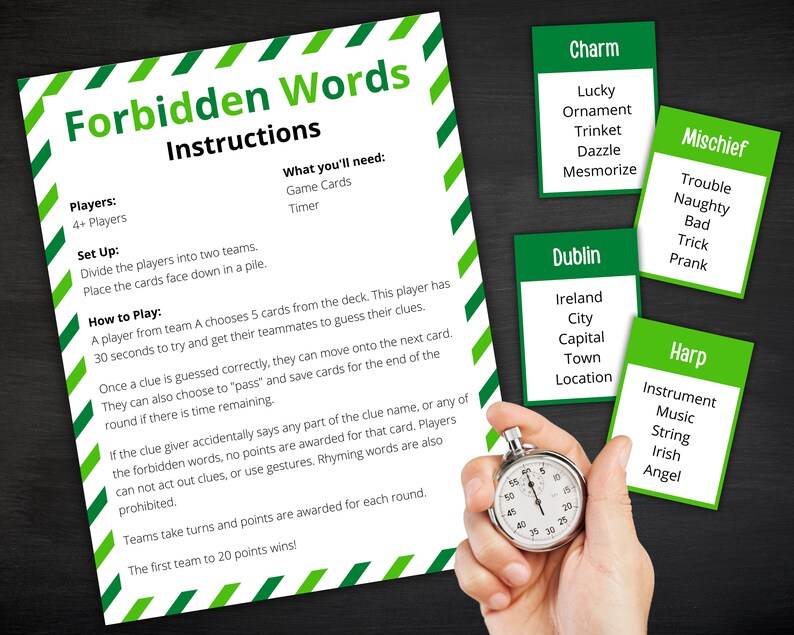 May include: A board game titled "Forbidden Words" with instructions, game cards, and a timer. The game cards have words like "Charm" and "Mischief". The timer is held in a hand.