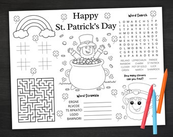 St. Patrick's Day Placemat | St. Patricks Day Party | Printable Activities for Families and Kids | St. Patricks Day Games | 8.5x11 and 11x17