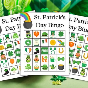 May include: Three printable St. Patrick's Day Bingo cards with a green shamrock theme. Each card has a 5x5 grid with images such as a pot of gold, a leprechaun, a shamrock, a rainbow, and a horseshoe.