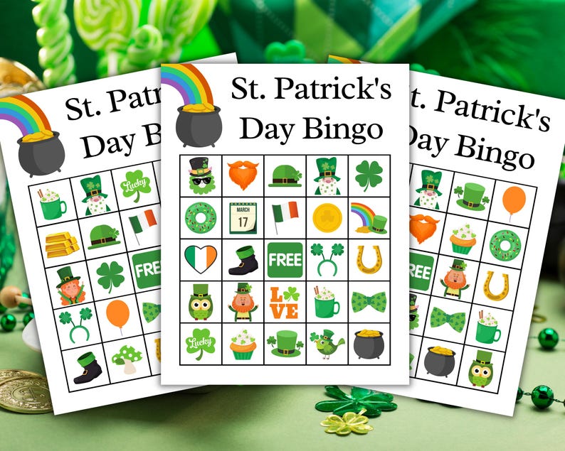 May include: Three printable St. Patrick's Day Bingo cards with a green shamrock theme. Each card has a 5x5 grid with images such as a pot of gold, a leprechaun, a shamrock, a rainbow, and a horseshoe.