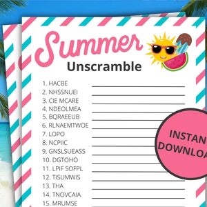 Summer Unscramble Game | Printable Summer Game | Summer Activity for Kids and Adults | Summer Vacation | Family Activities for Summer Break