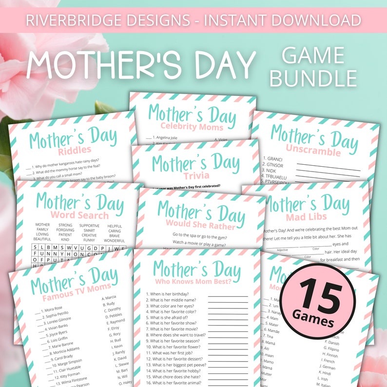 May include: A printable Mother's Day game bundle with 15 different games. The games include riddles, word searches, trivia, mad libs, and more. The games are designed with a pink and blue striped pattern.