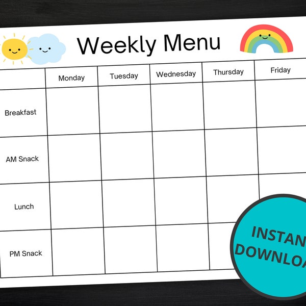 Daycare Weekly Menu | Printable Weekly Menu For Daycare, Preschool, Home School, Nannies | Home Daycare Meal Planner | Instant Download