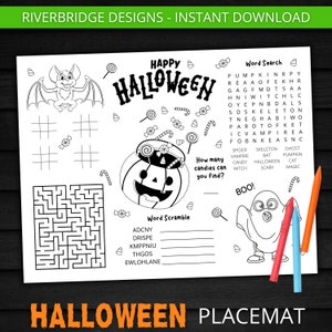May include: A black and white printable Halloween placemat with a word search, word scramble, maze, and a count-the-candies activity. The placemat features a pumpkin, bat, ghost, and candy corn.