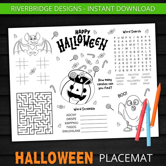 Halloween Placemat | Activities And Games | Halloween Party | Printable Activities for Families and Kids | 8.5x11 and 11x17