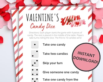 Valentinstag Bonbon-Würfelspiel | Druckbares Valentinstags Spiel | Valentinstag Aktivität für Kinder | Valentinstags-Party-Spiel | Familien Spiel