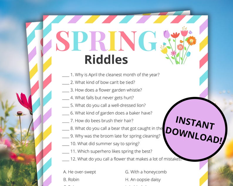 Spring Riddles Graphic Spring Riddles | Printable Spring Game | Spring Activity for Kids and ...