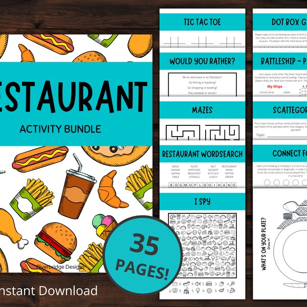 Restaurant Activity Bundle | Printable Activities for Families and Kids | Dinner Activities | Busy Book For Kids | Restaurant Games