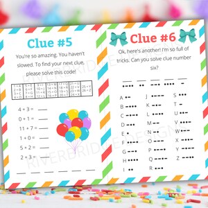 May include: A printable birthday party game with two clues. Clue #5 is a code-breaking puzzle with balloons. Clue #6 is a morse code puzzle with a list of letters and their corresponding morse code.