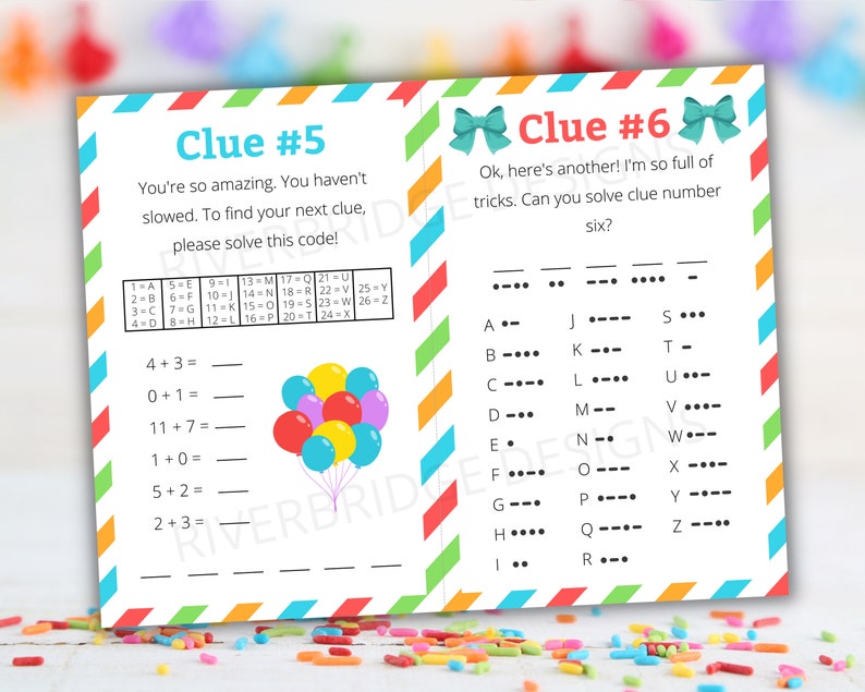 May include: A printable birthday party game with two clues. Clue #5 is a code-breaking puzzle with balloons. Clue #6 is a morse code puzzle with a list of letters and their corresponding morse code.