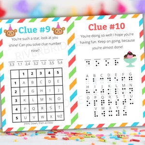 May include: A printable game card with a monkey illustration and the text "Clue #9". The card features a grid with numbers and letters, and the text "You're such a star, look at you shine! Can you solve clue number nine?"  The card also includes the text "(Hint: Down, then across)".