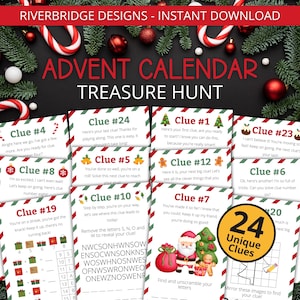 May include: Advent calendar treasure hunt with 24 unique clues. The design features festive elements like candy canes, ornaments, and Christmas trees. Each clue card has a unique number and a riddle or puzzle to solve.
