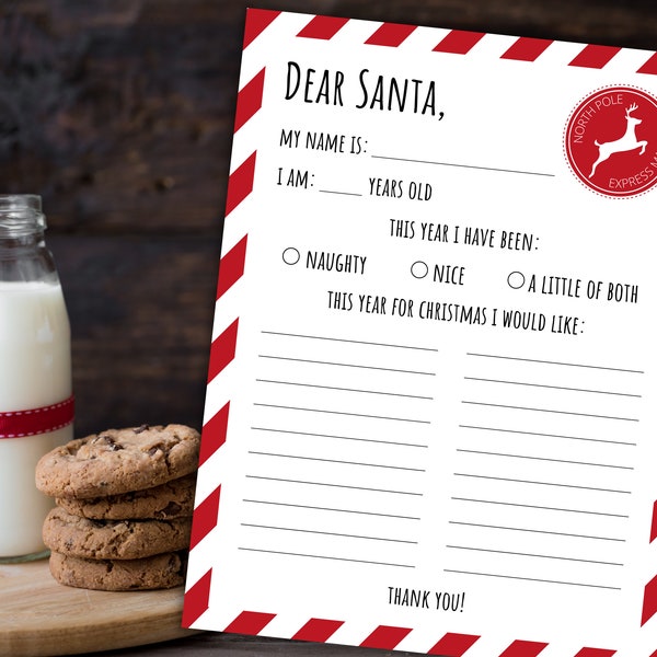 Letter To Santa Claus | Christmas Wish List | Christmas Printable For Kids | Red And White Stripes