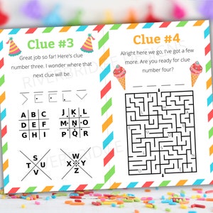May include: A printable scavenger hunt game with two pages. The first page has a colorful striped border and a party hat graphic. The second page has a maze with a colorful striped border and an ice cream cone graphic. The text on the first page reads "Clue #3 Great job so far! Here's clue number three. I wonder where that next clue will be." The text on the second page reads "Clue #4 Alright here we go, I've got a few more. Are you ready for clue number four?"
