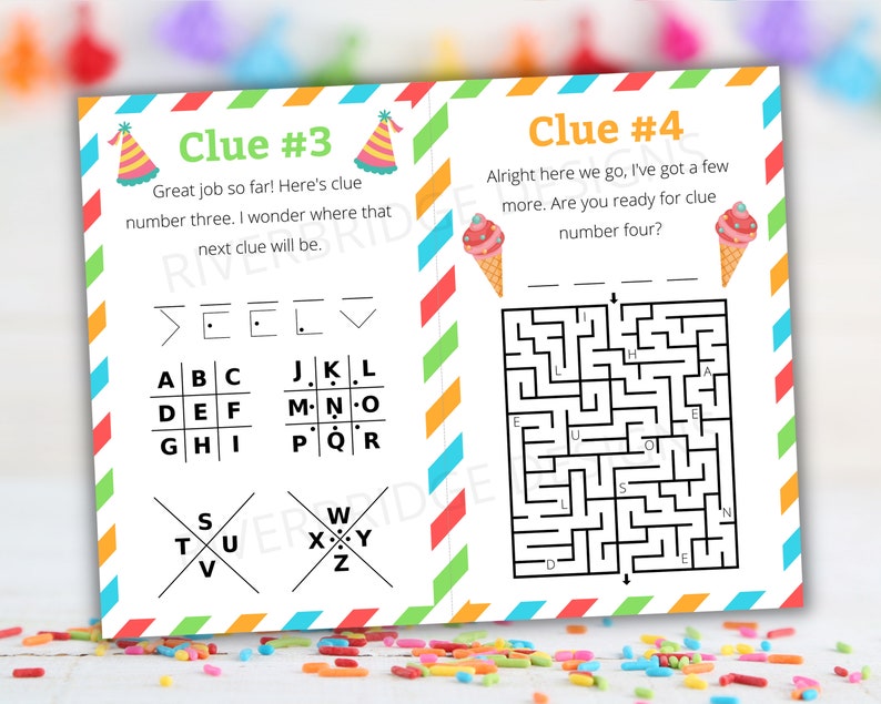 May include: A printable scavenger hunt game with two pages. The first page has a colorful striped border and a party hat graphic. The second page has a maze with a colorful striped border and an ice cream cone graphic. The text on the first page reads "Clue #3 Great job so far! Here's clue number three. I wonder where that next clue will be." The text on the second page reads "Clue #4 Alright here we go, I've got a few more. Are you ready for clue number four?"