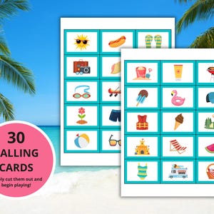 K&ouml;nnte beinhalten: Drei&szlig;ig Rufkarten mit sommerlichen Motiven. Die Karten sind t&uuml;rkisblau mit wei&szlig;en R&auml;ndern. Die Bilder zeigen eine Sonne, einen Hotdog, Flip-Flops, eine Kamera, ein Paddelboot, Eiscreme, einen Flamingo, eine Baseballkappe, eine Schwimmweste, einen Eiswaffel, einen Campingplatz, einen Strandball, eine Sonnenbrille, ein Sandburg, einen Strandstuhl, eine Wassermelone, einen Badeanzug, einen Eiswagen und einen Picknickkorb.
