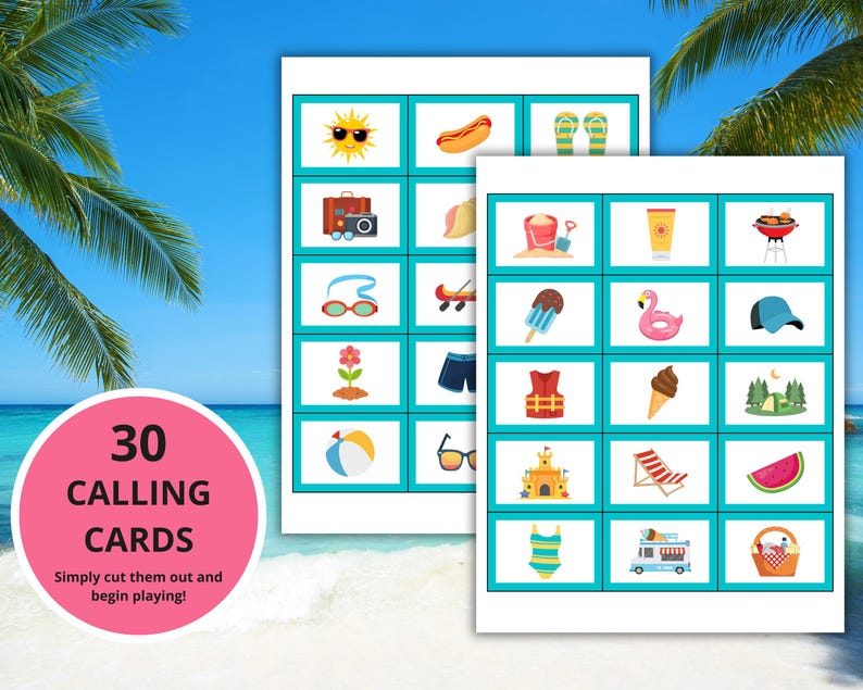 K&ouml;nnte beinhalten: Drei&szlig;ig Rufkarten mit sommerlichen Motiven. Die Karten sind t&uuml;rkisblau mit wei&szlig;en R&auml;ndern. Die Bilder zeigen eine Sonne, einen Hotdog, Flip-Flops, eine Kamera, ein Paddelboot, Eiscreme, einen Flamingo, eine Baseballkappe, eine Schwimmweste, einen Eiswaffel, einen Campingplatz, einen Strandball, eine Sonnenbrille, ein Sandburg, einen Strandstuhl, eine Wassermelone, einen Badeanzug, einen Eiswagen und einen Picknickkorb.