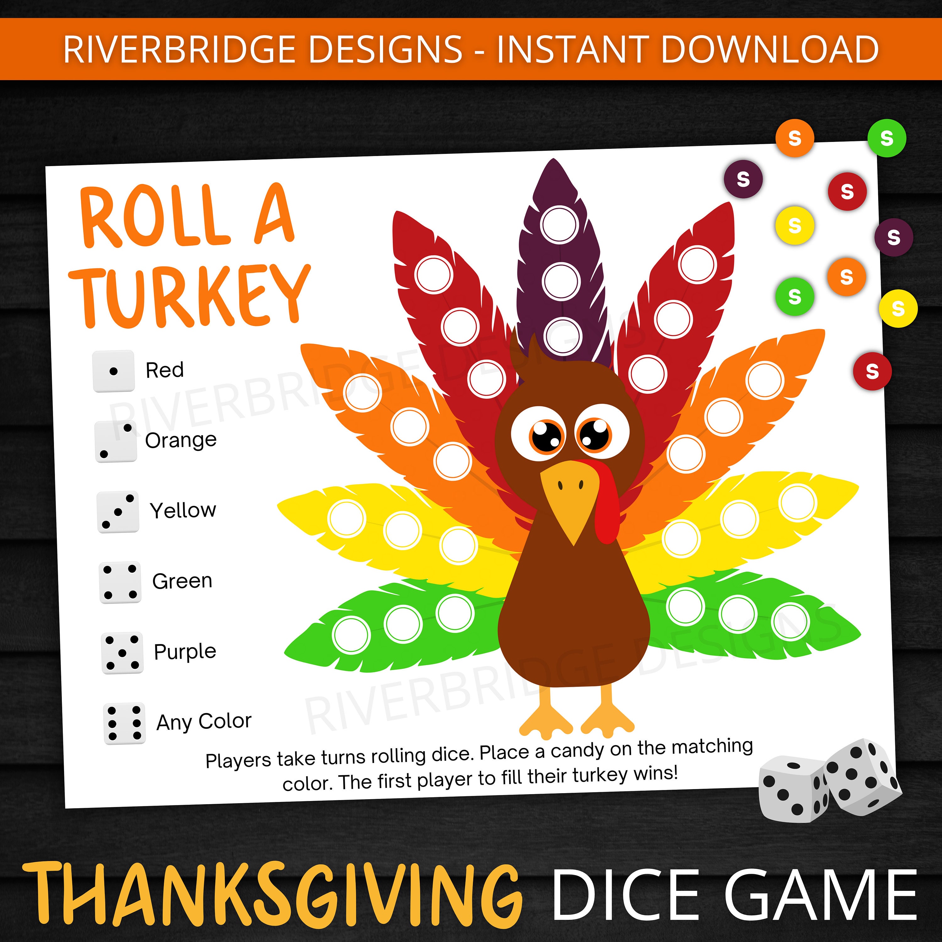 roll a turkey dice game | printable thanksgiving game | fall activity for kids and adults | thanksgiving party game | classroom game