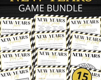May include: A New Year's game bundle featuring multiple printable activity sheets with black and white striped borders and gold text. The collection includes trivia, word search, scattergories, unscramble, would you rather, riddles, maze, I spy, and emoji pictionary games, with a circular badge indicating 15 games.