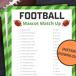 Football Mascot Matchup | Printable Football Game | Football Activity For Kids and Adults | Football Sunday | Championship Playoff Game