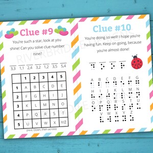 Peut inclure: Une carte d'indice de chasse au tr&eacute;sor imprimable avec un motif de bonbons g&eacute;lifi&eacute;s color&eacute;s. La carte comporte une grille avec des chiffres et des lettres, ainsi que le texte "Indice n&deg; 9" et "Tu es une vraie star, regarde comme tu brilles ! Peux-tu r&eacute;soudre l'indice num&eacute;ro neuf ?" La carte comprend &eacute;galement des instructions pour r&eacute;soudre l'&eacute;nigme en descendant puis en traversant.