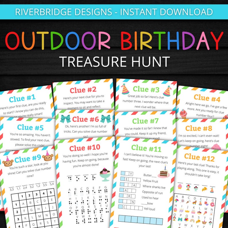 May include: A set of 12 colorful cards with instructions for an outdoor birthday treasure hunt. Each card has a different clue number and a fun, colorful design. The cards are printed on white cardstock with a striped border.
