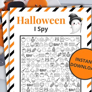 May include: A printable Halloween I Spy game with a black and white illustration of a ghost wearing a witch's hat. The game features a grid of 100 Halloween-themed images, including ghosts, pumpkins, bats, spiders, candy corn, and more. The text "INSTANT DOWNLOAD!" is in a large orange circle in the bottom right corner.