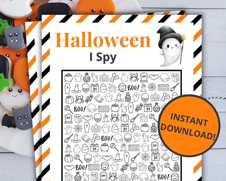 May include: A printable Halloween I Spy game with a black and white illustration of a ghost wearing a witch's hat. The game features a grid of 100 Halloween-themed images, including ghosts, pumpkins, bats, spiders, candy corn, and more. The text "INSTANT DOWNLOAD!" is in a large orange circle in the bottom right corner.