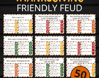 May include: A Thanksgiving Friendly Feud game set featuring twelve question cards with survey answers and point values. The cards have red, white, and green striped borders. An orange circle indicates 50 cards are included in the set.