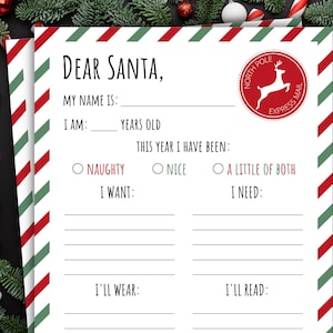Brief an den Weihnachtsmann | Weihnachtswunschliste | Weihnachten Printable für Kinder | Wollen Brauchen Tragen Lesen | Rot und Grün gestreift