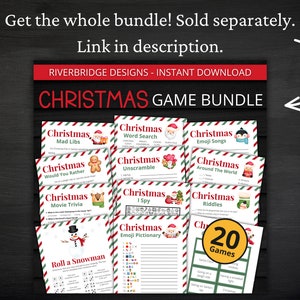 Puede incluir: Un paquete de juegos navide&ntilde;os que incluye varias hojas de actividades imprimibles con bordes a rayas rojas y verdes. La colecci&oacute;n incluye t&iacute;tulos como Christmas Mad Libs, Word Search, Emoji Songs, Would You Rather, Unscramble, I Spy, Riddles, Movie Trivia, Roll a Snowman y Emoji Pictionary, con una insignia amarilla de 20 Games.