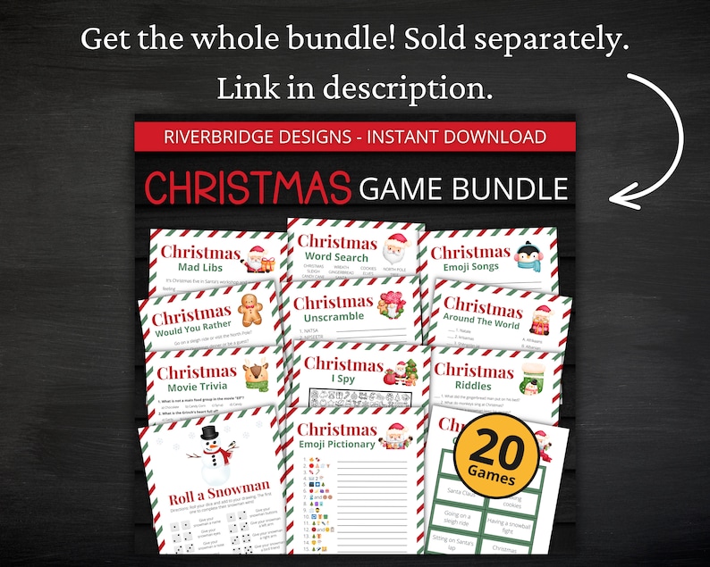 Puede incluir: Un paquete de juegos navide&ntilde;os que incluye varias hojas de actividades imprimibles con bordes a rayas rojas y verdes. La colecci&oacute;n incluye t&iacute;tulos como Christmas Mad Libs, Word Search, Emoji Songs, Would You Rather, Unscramble, I Spy, Riddles, Movie Trivia, Roll a Snowman y Emoji Pictionary, con una insignia amarilla de 20 Games.