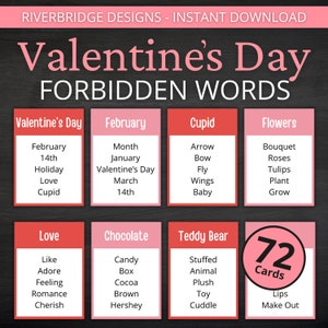 Valentinstag verbotene Wörter | Druckbare Valentinstag Aktivität für Kinder und Erwachsene | Valentinstag Tabu | Galentine&#39;s Day Gesellschaftsspiel