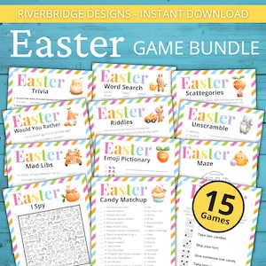 May include: A colorful printable Easter game bundle with 15 different games, including trivia, word search, riddles, mad libs, I spy, emoji pictionary, candy matchup, unscramble, scattegories, and a maze. The games feature a variety of Easter-themed images, such as bunnies, eggs, and chicks.