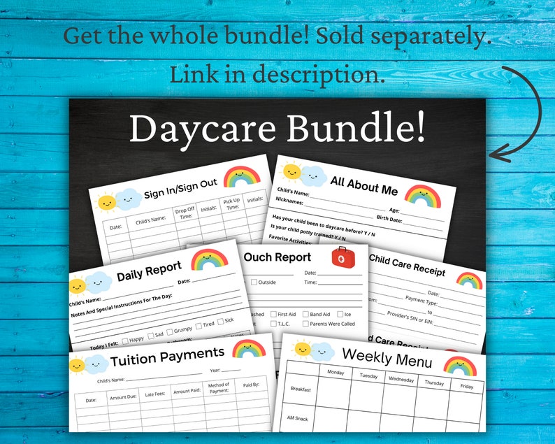 May include: A printable daycare bundle with colorful rainbow and sun illustrations. The bundle includes forms for sign in/out, daily report, all about me, ouch report, child care receipt, tuition payments, and a weekly menu.