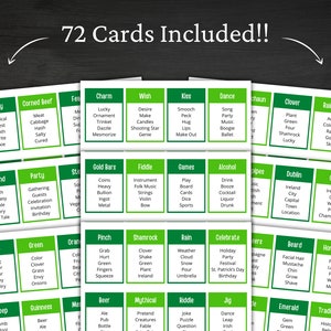 May include: A collection of 72 cards with green and white text, featuring various themed words. The cards are arranged on a dark surface, with categories like "Fairy," "Corned Beef," and "Shamrock." The text "72 Cards Included!!" is at the top.